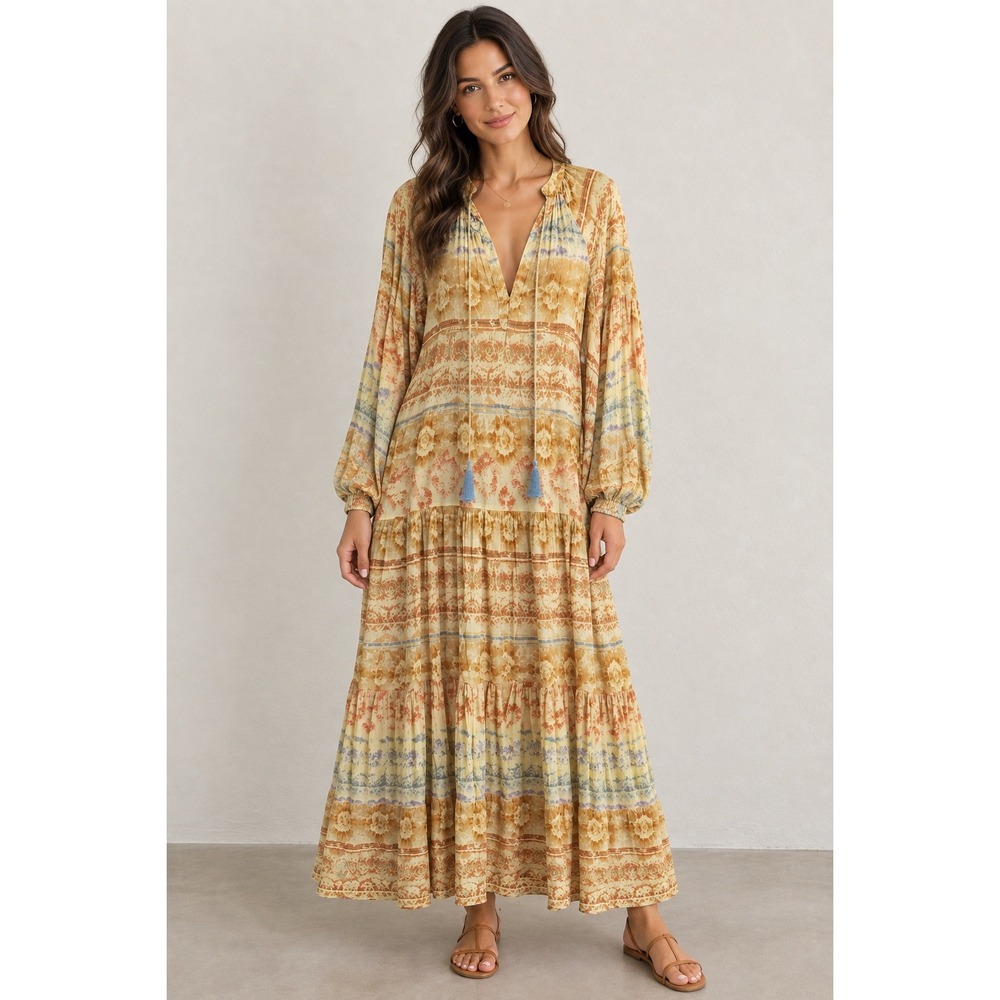 Love Kyla Boho Tiered Maxi Dress L Yellow Orange Batik V-Neck Tassel Long Sleeve